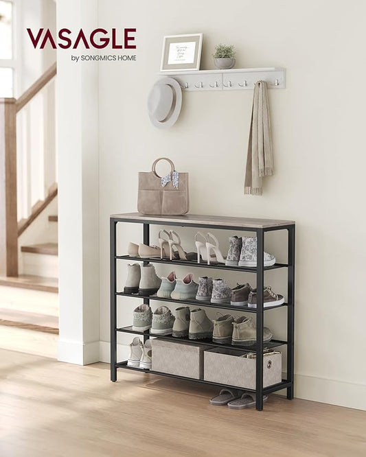 VASAGLE INDESTIC Shoe Rack, Organizer for Closet with 4 Mesh Shelves and Large Top for Bags, Entryway Hallway Shelf, Steel Frame, Industrial, Greige and Black ULBS015B02, 11.8 x 39.4 x 36.4 Inches