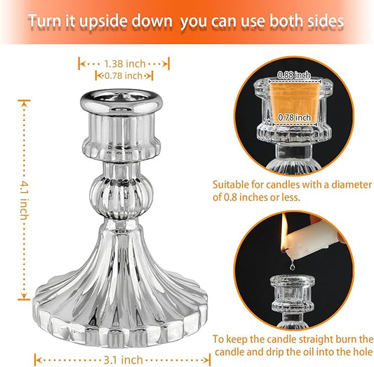 Glass Candlestick Holder,Striped Taper Candle Holders,Set of 6 Candle Stand for Table Centerpieces, Home Decor,Weddings,Festival and Parties (Silver Stripe)
