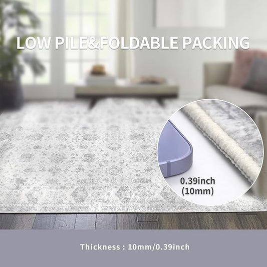 Washable 3×5 Area Rug for Living Room, Vintage Floral Rug Soft Non Slip Stain Resistant Boho Carpet for Bedroom Dinning Room Kitchen Home Office Grey