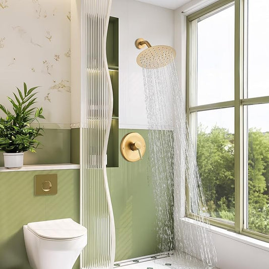 HUCKLE Shower Head, 8-Inch Gold Shower Faucet with Valve, Single-Handle Rainfall Shower Trim Kit, Matte Black Shower Fixtures for Bathroom