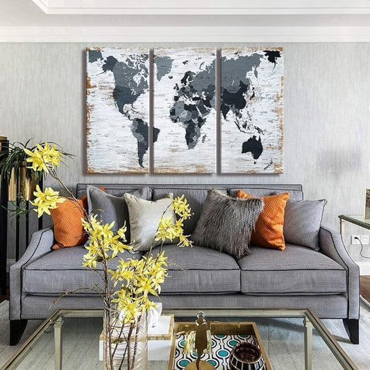 World Map Canvas Wall Art Teal Decor Black Wall Decor Office World Map Wall Art World Pictures for Living Room Wall Decoration Map Picture Framed Artwork Decor for Home Bedroom Decoration