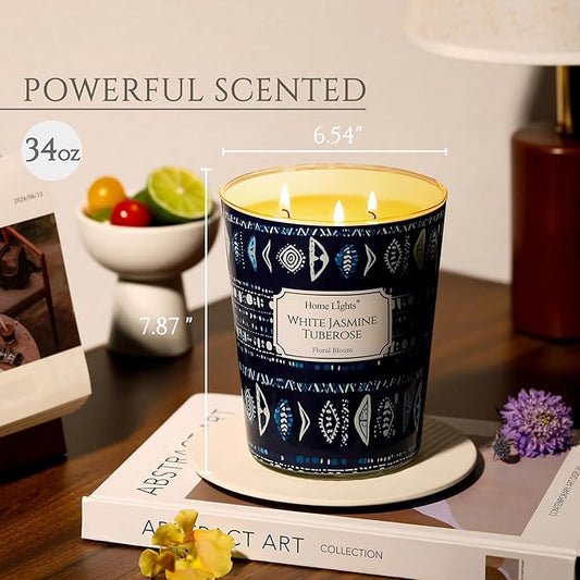 HomeLights Scented Candles | Large Jar 34 Oz Natural Soy Candle | 130 hrs Long-Lasting with 3 Wicks | Bohemian Natural for Home Decor | Gifts for Mom & Women, White Jasmine Tuberose