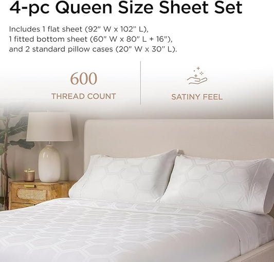 Threadmill 100% Cotton Sheets for Queen Size Bed - 600 Thread Count Queen Bed Sheets Set with 16” Deep Pocket - Jacquard Sateen Weave 4-Piece Bedding Set with Cooling Effect, White
