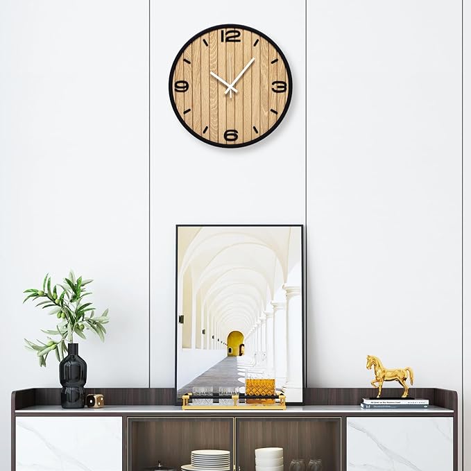 8 Inch Round Wall Clock Battery Operated Wooden, Non-Ticking Quartz Decorative Analog Clocks for Apartment, Living Room, Bedroom, Hallway, Classroom - Easy to Install & Read