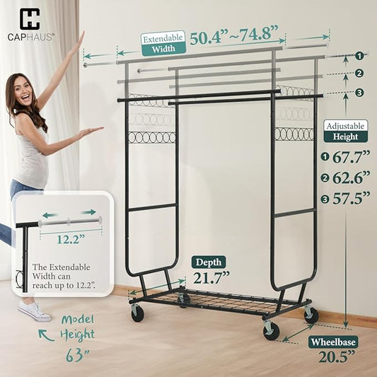 CAPHAUS Heavy Duty Clothes Rack with Double Rods, 660LBS Capacity Rolling Clothing Rack for Hanging Clothes, Adjustable Metal Wardrobe Rack, Garment Rack with Shelf, Wheels, Extendable Rods, Black