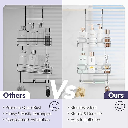 SWTYMIKI Over the Door Shower Caddy Hanging with Double Soap Holder, Hanging Shower Organizer with 16 Hooks, No Drilling Shower Shelves Over Door, Bathroom Rack and Storage, Silver