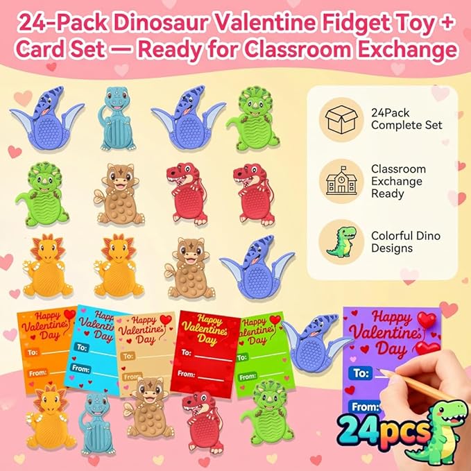 24Pack Valentine's Day Gifts for Kids School Classroom, Valentines Day Cards for Kids School Classroom, Valentine's Day Dinosaur Sensory Stone for Autistic Kid, Valentine Party Favors for Boy Girls
