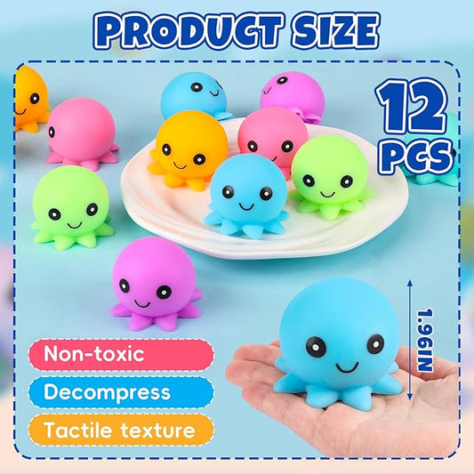 12 Pack Stress Balls for Adults, Cute Octopus Stress Relief Stress Ball, Fidget Toys Bulk Squishy Squeeze Ball Set and Birthday Party Favors Toys for Kids