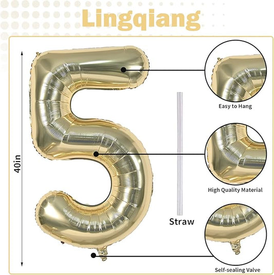 Champagne Gold Balloon Number 5, 40 Inch Large Self Inflating Foil Number Balloons 0-9, Light Gold Digital 5 Helium Balloon for 5th Girls Boys Women Birthday Party Graduation Anniversary Decorations