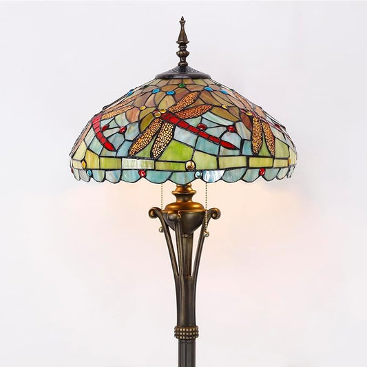 Tiffany Floor Lamp Green Red Stained Glass Dragonfly Standing Reading Light 16X16X70 Inches Antique Pole Corner Lamp Decor Bedroom Office Living Room