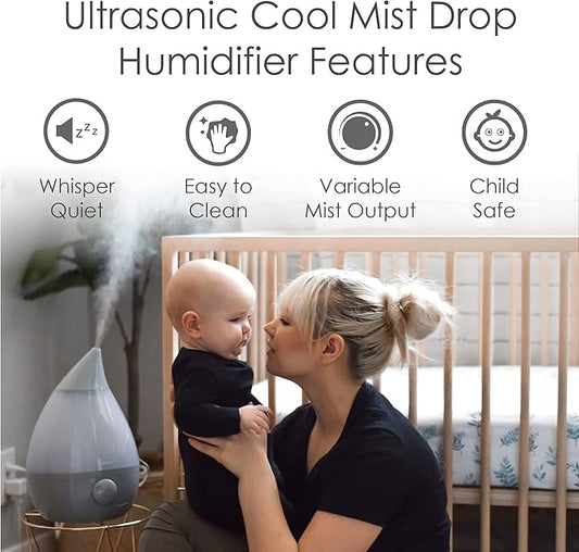 Crane Ultrasonic Teardrop Cool Mist Humidifier, Large 1 Gal Tank, Automatic Shut-Off, Baby Humidifiers for Nursery and Bedroom, Grey