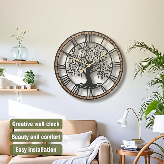 Micasso Non-Ticking Oversize Wall Clock: 35Inch Tree of Life Metal with Solid Wood Frame - Silent Battery Operated Clock for Bedroom/Fireplace/High-Ceiling - Home Decor for Interior Designers