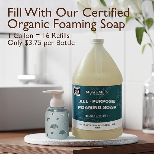 SoCal Suds & Company Glass Foaming Hand Soap Dispenser, Soft Grip Silicone Sleeve, Refillable Pump Bottle for Kids, Baby Wash & Shampoo, Ideal for Home Use, Light Grey 8oz