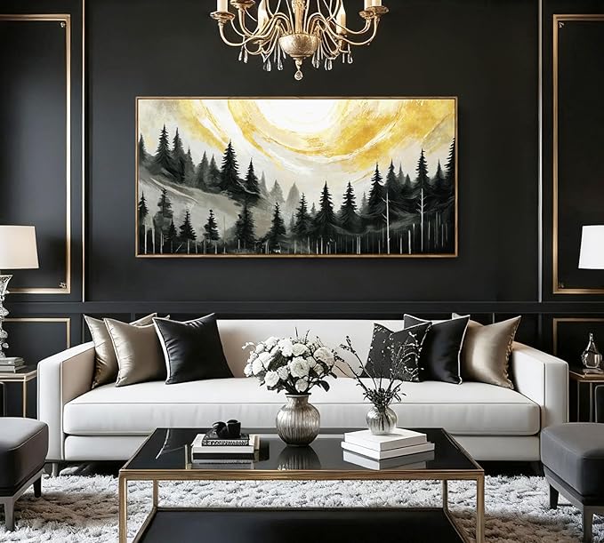 ARTZON Large Framed Canvas Art Wall Decor for Living Room Modern Black Yellow Gray Tree Picture Nature Lanscape Sunset Scenery Pin Forest Horizontal Artwork for Walls Home Living Room Bedroom 48"x24"