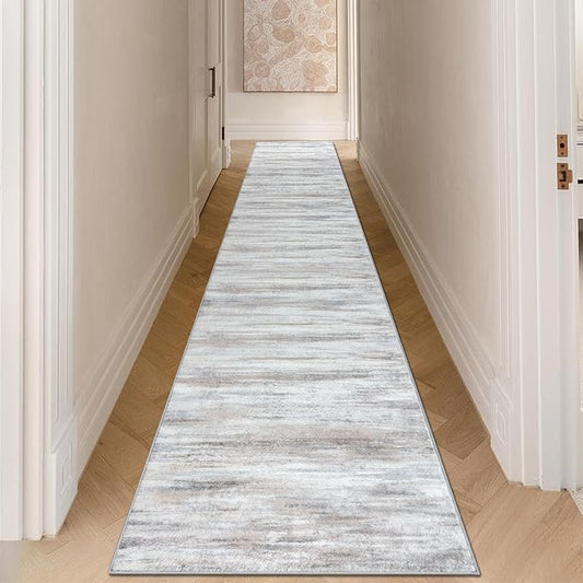 KOZYFLY Modern Abstract Kitchen Runner Rug, 2.6x16 Washable Rug Runner Non-Slip Soft Striped Hallway Runner Rugs, Beige Print Carpet Runner for Entryway Bathroom Laundry Room Foyer