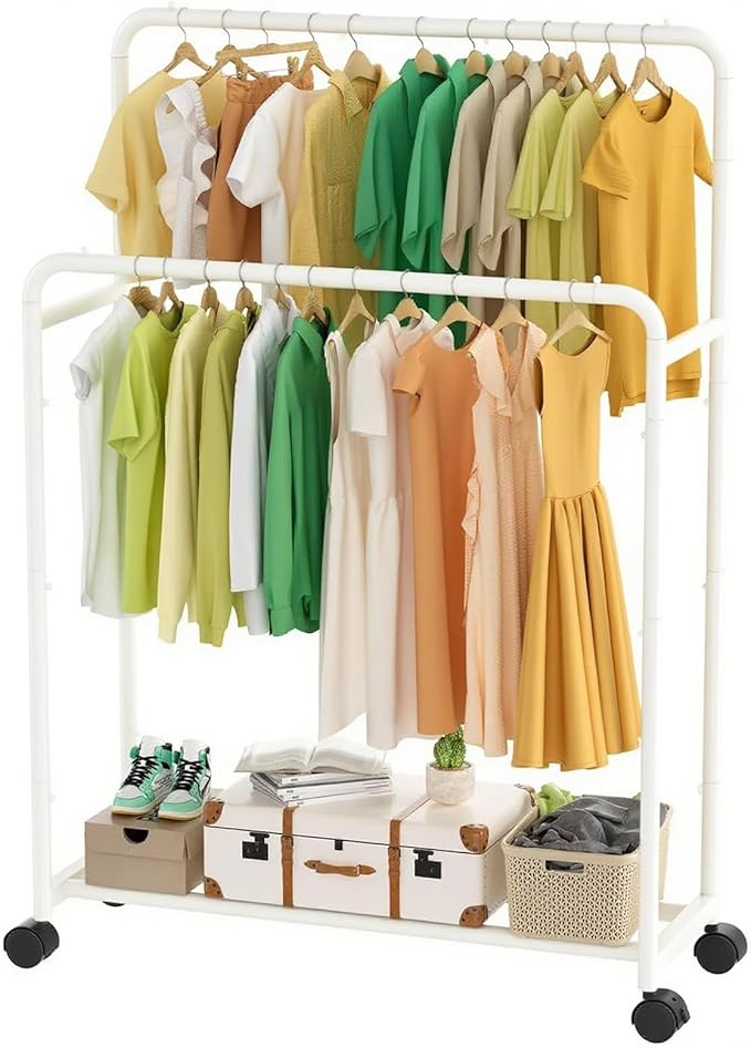 Simple Trending Clothing Clothes Rack Double Rods with Wheels, Rolling Metal Garment Rack for Hanging, White