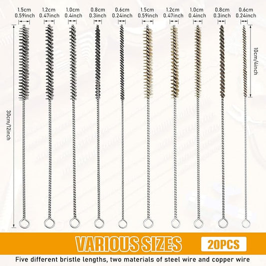 Wire Tube Brushes for Cleaning Pipe Tube Brass Stainless Steel Round Wire Brush for Auto Parts, Bottles, Tubes, 5 Sizes(20 Pieces)