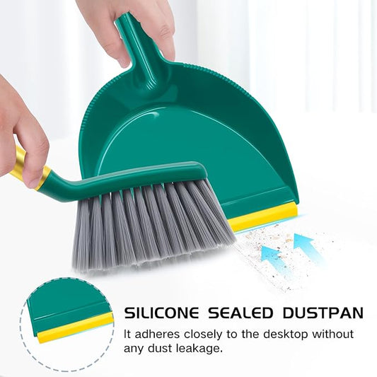NACENA Mini Broom and Dustpan Set, Small Dust Pan and Brush Set with Handle Dustpan Teeth for Cleaning Hair Suitable for Office Desks Drawers Sofas Pet Care Outdoor Camping, Green