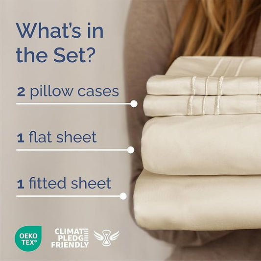 Queen Size 4 Piece Sheet Set - Comfy Breathable & Cooling Bed Sheets Set - Hotel Luxury Bedding for Women, Men, Kids, Teens, Boys & Girls - Deep Pockets, Soft and Wrinkle Free - Oeko-Tex - Off White