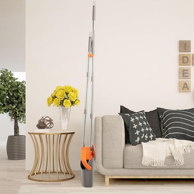 2-Pack Broom and Dustpan Set with Long Handle, Heavy Dust Broom and Dustpan Combo for Home,Kitchen, Office, Pet Hair(Gray Orange)