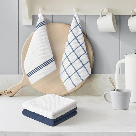 Artoid Mode Ring Spun Cotton Blue Dishcloth Kitchen Towels, 12x12 Inch Ultra Soft Absorbent Quick Drying Household Cleaning Kitchen Rags Set of 4