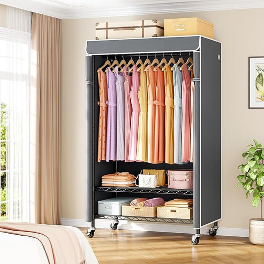 P6C Rolling Clothes Rack with Cover, Covered Clothing Racks Heavy Duty, Portable Closet for Hanging Clothes, Garment Racks on Wheels, Black Closet Rack with Gray Cover, Max Load 365LBS