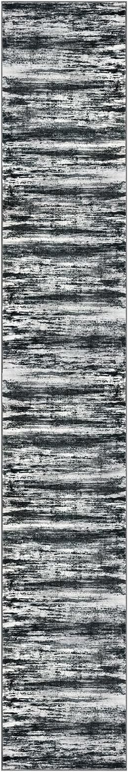 KOZYFLY Modern Abstract Washable Rug Runner 2.6x16 Hallway Rug Runner Non-Slip Soft Kitchen Runner Rugs, Black Navy Blue Grey Striped Carpet for Entryway Bathroom Laundry Room Foyer