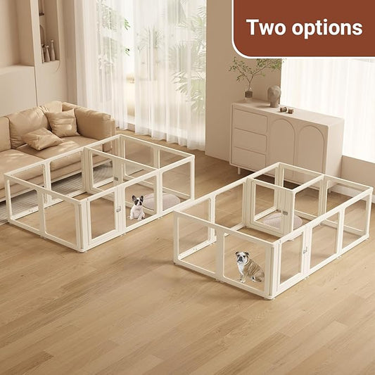 Transparent 12-Panel Dog Playpen, Acrylic Indoor/Outdoor Puppy Pen for Small & Medium Dogs, 24 Inch with Door, White(Fully Transparent 74 * 50 Two Rooms,24 inch)