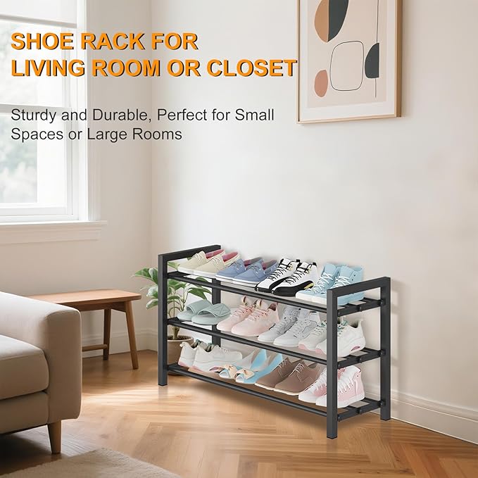 3-Tier Expandable Shoe Rack – Adjustable Heavy-Duty Metal Shoe Organizer Shelf for Closet, Entryway, Mudroom & Garage – Durable Freestanding Storage, Black