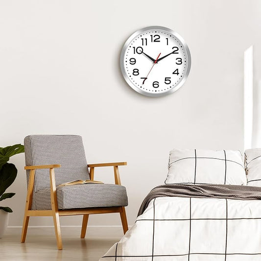 Wall Clock Silent Non-Ticking Modern Clock Battery Operated 12 Inch Small Classic Analog Decorative for Kitchen, Bathroom, Office, Bedroom, Home(Silver)