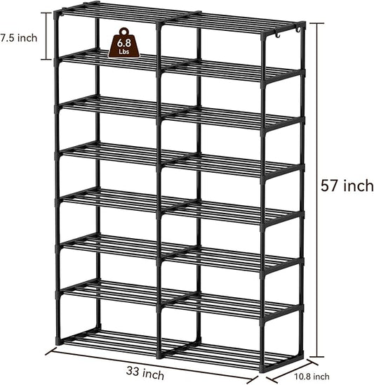 SUFAUY 8 Tier Large Metal Shoe Rack Organizer with Hooks, Large Capacity 40 Pairs Sturdy Shoe Boot Storage, Black