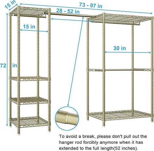 Ulif E10 Clothes Rack(With Stretchable Hanger Rod)Freestanding Clothing Racks for Hanging Clothes,Adjustable Closet Organizer System,Portable Garment Rack 73-97"W x 15" D x 72" H,Max Load 800LBS,Gold