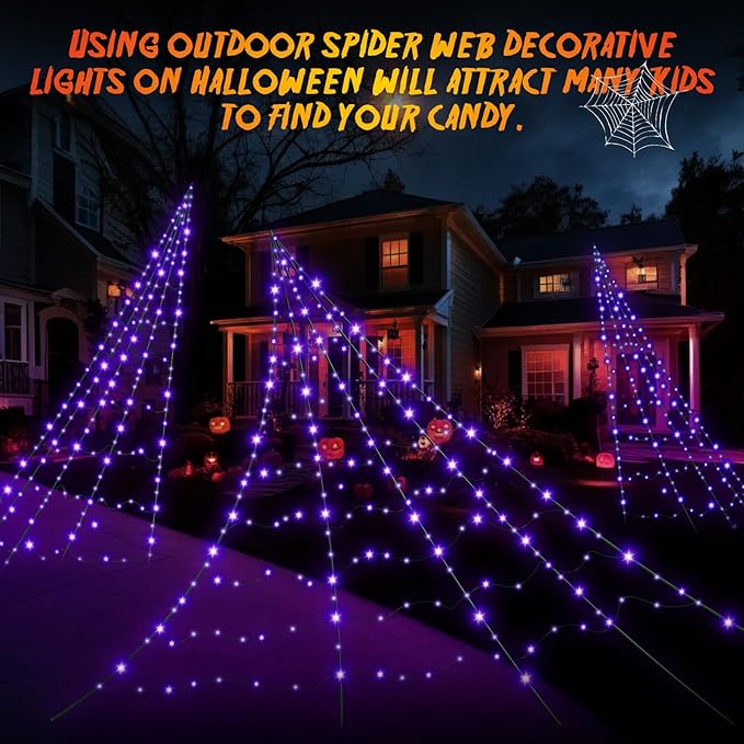Halloween Decorations Outdoor Giant Spider Web Lights,23ft x 18ft Black Spider Web with 500 LEDs Purple,Waterproof for Halloween Yard Decorations and 8 Modes. (Black Nylon Rope and Purple LED Lights)