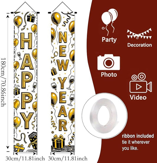 Nuxovilar Happy New Year Banner, 70.86" x 11.81" Black Gold Champagne Glass Hanging Decorations for Outdoor Indoor Home Wall