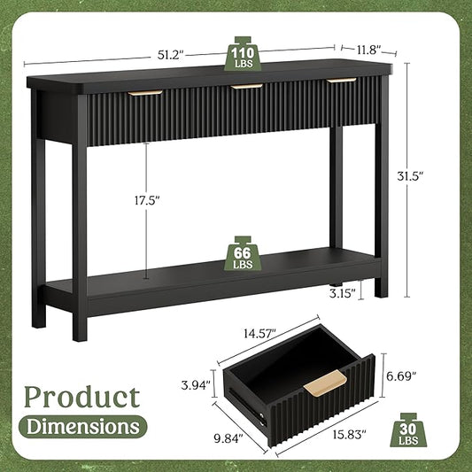 Lulive 51" Fluted Console Table for Entryway, Entryway Table with 3 Wooden Drawers, Farmhouse Behind Sofa Table for Living Room, Hallway, Couch, Foyer