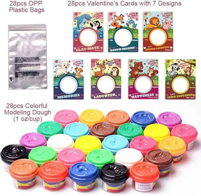 28 Pack Valentine’s Day Cards for Kids with Modeling Dough – Fun Animal-Themed Classroom Gifts for Toddlers & Preschoolers – Perfect for School Exchanges & Parties
