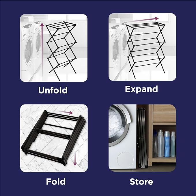 BLACK+DECKER Laundry Organization Expandable/Collapsible Clothes Drying Rack. Essential for Camping/Trailers or Anywhere You Air Dry Laundry. Oversized for Multiple Garments, (Black)