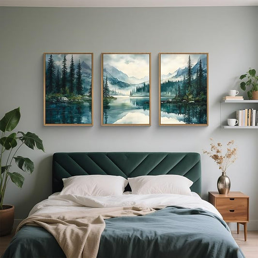 HLNIUC Green Foggy Forest Mountain Wall Art Framed,Large Boho Watercolor Pine Tree Wall Decor set of 3 (16"x24"), Nature Dark Lake Landscape Scenery Canvas Painting for Living Room, Bedroom, Office