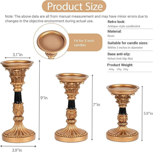 Resin Candle Holder Set of 3 - Christmas Home Decor Column Candle Stands, Vintage Palace Style, Coffee Table Centerpiece, Suitable for Fireplace, Living Room, or Dining Table