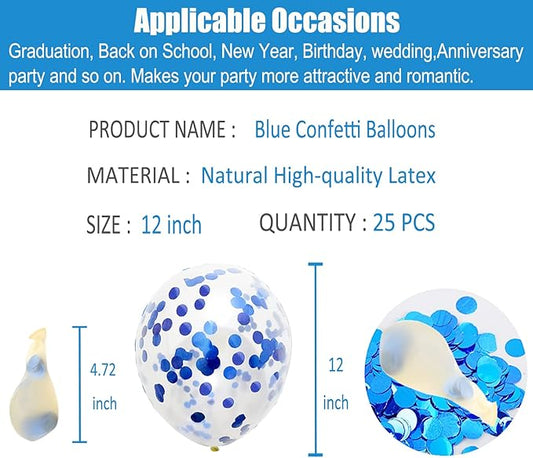 GaesQae Blue Confetti Balloons, 25pcs 12in Latex Balloons with Blue Foil Confetti for Birthday, Graduation, Wedding, Baby Shower, Party Decorations