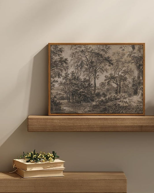 InSimSea Framed Canvas Wall Art, Vintage Wall Decor, Antique Watercolor Country Landscape Painting for Living Room, Bedroom Moody Black Sketch Retro Woodland Prints Pictures Decorations,12x16inch