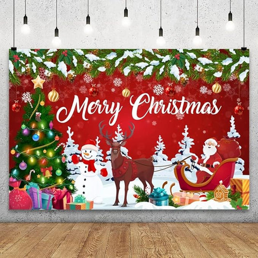 YongFoto Merry Christmas Backdrop 8x6.5ft Snowman Christmas Tree Santa Clause Elk Photography Background Happy New Year Xmas Eve Family Party Banner Room Decorations Photoshoot Wallpaper Photo Booth