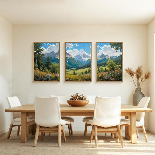 HLNIUC Green Forest Mountain Landscape 3 Piece Wall Art Framed, Colorful Wildflower Nature Wall Decor(16x24), Blue Sky White Cloud Canvas Painting, Woodland Tree Print for Living Room, Bedroom, Office