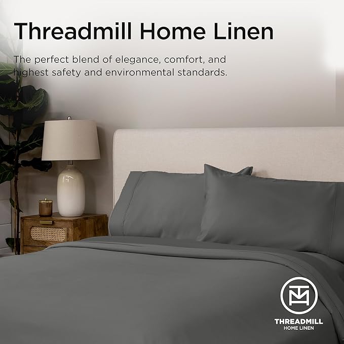 Threadmill Supima Cotton Sheets, 1000 Thread Count King Size, 4 Pc Luxury Bed Sheets Set, Hotel Quality Sateen Weave, Dark Grey with Elasticized Deep Pocket