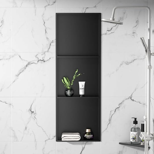 Stainless Steel Shower Niche 36" X 12" Matte Black No Tile Needed Wall Vertical Niche Three-Tier Shelves Recessed Shower Shelf for Bathroom Storage Over Mount Installation