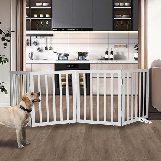 Dog Gate Indoor, Freestanding Dog Fence for The House, Doorways, Hallways,or Stairs,Pet Gate Foldable Wooden,Expandable 24" Height 4 Panels,Grey