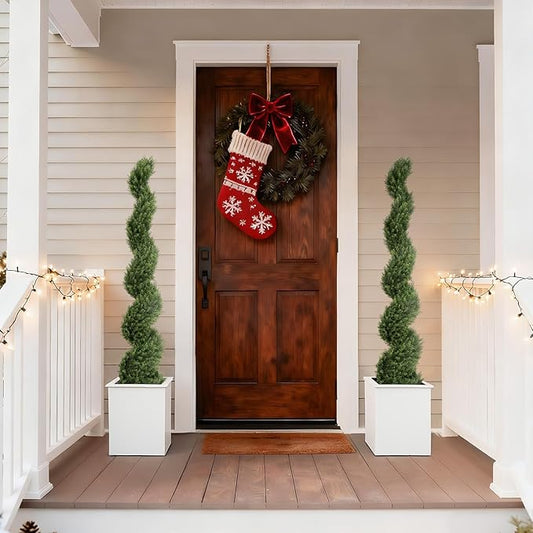 THE BLOOM TIMES 5ft Artificial Topiary Trees Set of 2, Faux Cedar Cypress Spiral Topiary Trees Outdoor - Fake Plants for Garden Front Porch Indoor Outside Planter Christmas Decor 5 Foot