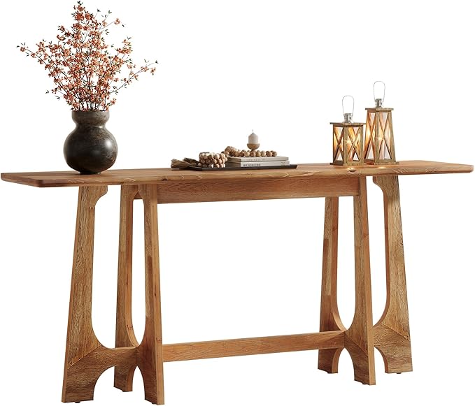63-Inch Solid Wood Console Table, Farmhouse Long Sofa Table Behind Couch with Geometric Base for Entryway, Entrance, Living Room, Walnut Brown