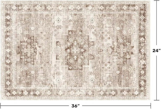 Boho Bathroom Rugs - Washable Non-Slip Soft Low Pile Area Rug for Entryway, Kitchen, and Indoor Spaces - Modern Farmhouse Design, Perfect for Boho Décor (2x3 Beige/Latte)