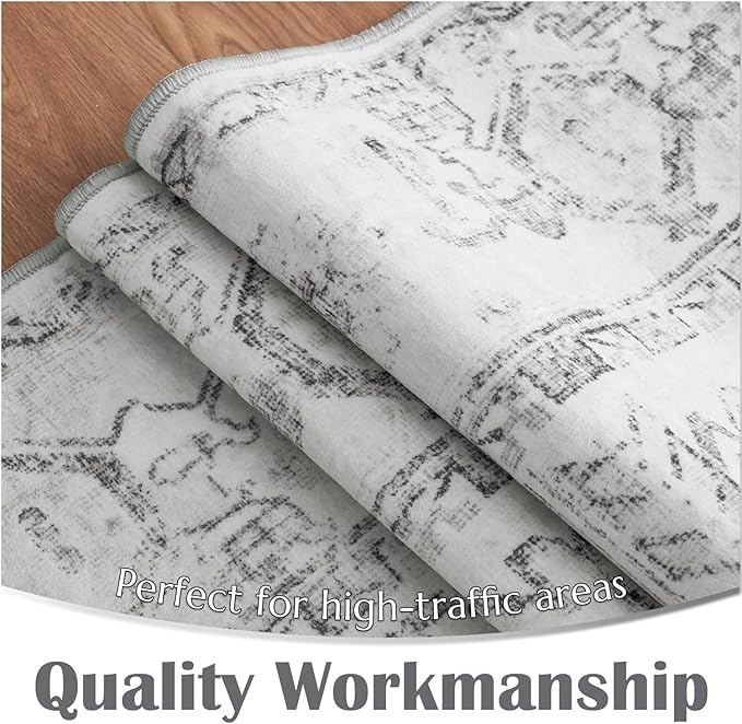 jinchan Runner Rug 2x6 Washable Hallway Runner - Vintage Floral Non Slip Low-Pile Soft Ultra-Thin Kitchen Rug Distressed Carpet for Farmhouse Bedroom Entryway Laundry Room (2x6ft,Grey)